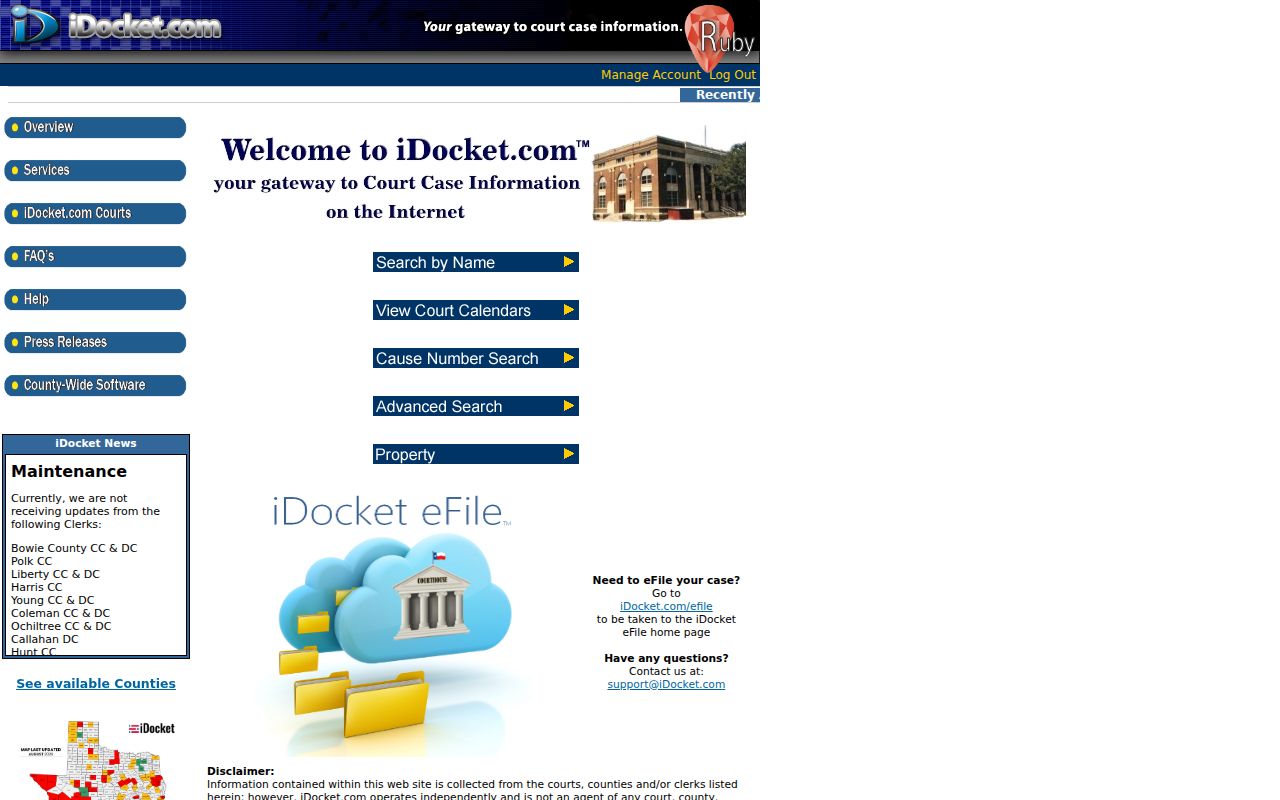 iDocket search menu and independent vendor notice for Sherman County cases