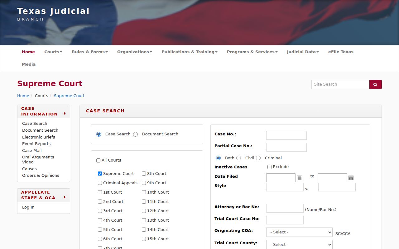 Sherman County case lookup appellate fields and refresh notice